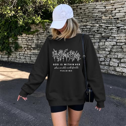 Christian God Is Within Her Sweatshirts Jesus Faith Religous Hoodie Bible Verse Floral Graphic Inspirational Shirts - color: Black, size: X-Large
