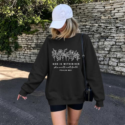Christian God Is Within Her Sweatshirts Jesus Faith Religous Hoodie Bible Verse Floral Graphic Inspirational Shirts - color: Black, size: Small