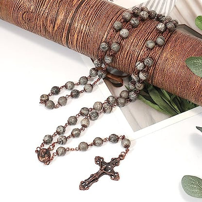 Nazareth Store Natural Stone Beads 8mm Rosary Necklace Antique Copper Design Holy Soil Medal & Cross in Velvet Bag - Catholic Rosaries Terra Santa Jerusalem Collection - color: Map Stone