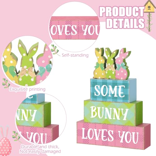 4 Pcs Easter Bunny Table Sign Wooden Table Decor Farmhouse Holiday Sign Easter Tabletop Centerpieces Spring Wood Blocks Tiered Tray Decor for Home Kitchen(Dot Bunny) - style: Dot Bunny