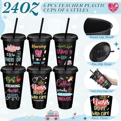 Funnymoom 24 Pcs Back to School Nurse Gifts for Women Bulk 24 oz Nursing Practitioner Plastic Tumbler Cup Nursing Makeup Cosmetic Bag Crew Sock Keychain for School Teacher Student - style: Nurse