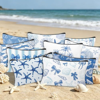 30 Pcs Coastal Makeup Bags Blue Bow Seashell Makeup Bag Ocean Themed Cosmetic Bags Bulk Portable Travel Toiletry Pouches Beach Gifs for Women Nautical Party Favors Beach Accessories - style: Ocean