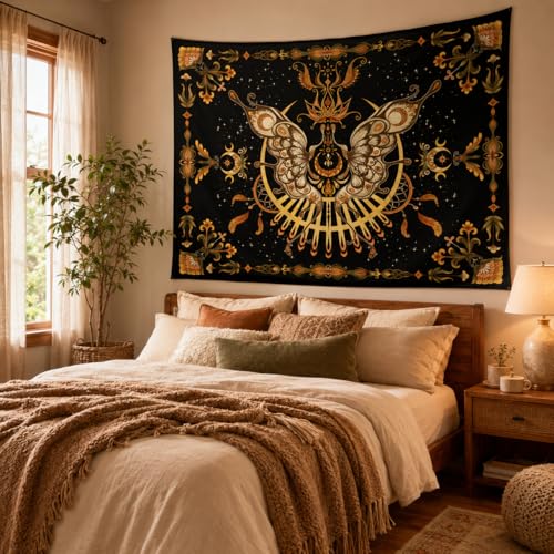 CHDGDHC Butterfly Moth Tapestry, Boho Moon Wall Decor, 47.64x35.43 in - color: Mustard Yellow, size: 47.6"L x 35.4"W