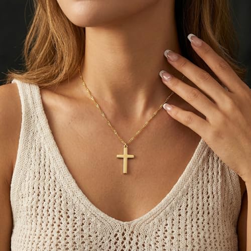 14K Gold Plated Cross Necklace for Women, Christian Jewelry - style: 2-Wave