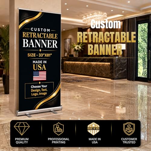 Custom retractable banner with stand by BCB | Pop up stand Printed in USA - color: Retractable Banner