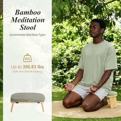 Folding Bamboo Meditation Bench, Ergonomic Portable Kneeling Meditation Stool with Soft Meditations Cushion Comfortable Foldable Prayer Bench for Deep & Longer Meditations (Green) - color: Green