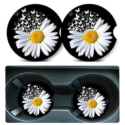 2 Pack Daisy Butterfly Car Cup Holder Coasters Universal Neoprene Coasters - color: Daisy+butterfly