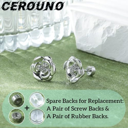 CEROUNO Flat Back Stud Earrings - 925 Sterling Silver Post Flatback Earrings Gold Silver Cubic Zirconia Earrings Studs for Women - color: Silver Flower