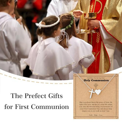 WEDDINEN First Communion Confirmation Baptism Jewelry Gifts for Teens Girls Kids,Cross Heart Necklace for Women Girls Christian Religious Stuffers Jewelry Gifts for Kids - style: First Communion-Silver