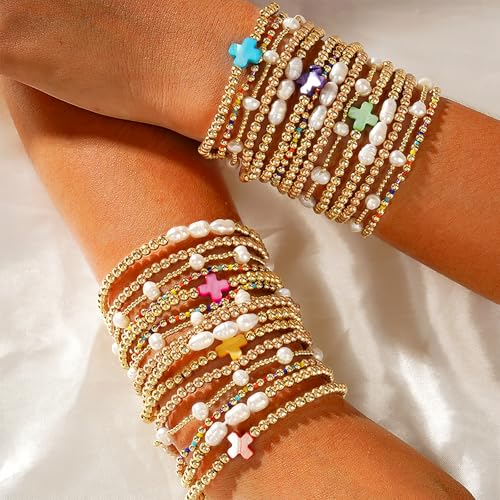Gold Pearl Beaded Cross Bracelets Stack Set for Women, Boho Handmade Colorful Small Beads Stretchable Jewelry Friendship Summer Trendy Gift. - color: blue