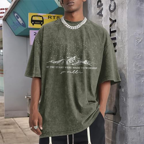Christian Faith God Shirts for Men Jesus Bible Verse Shirt Oversized Acid Wash Tshirts Star Mountain Graphic Tees - color: Armygreen, size: Large
