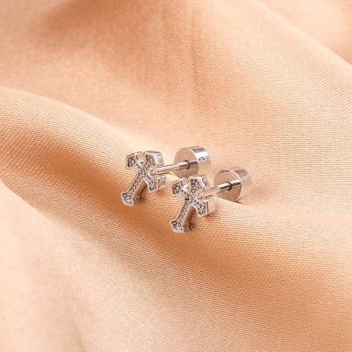 Mikovivi Titanium Steel Cross Flat Screw Back Small Stud Earrings