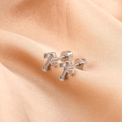 Mikovivi Titanium Steel Cross Flat Screw Back Small Stud Earrings
