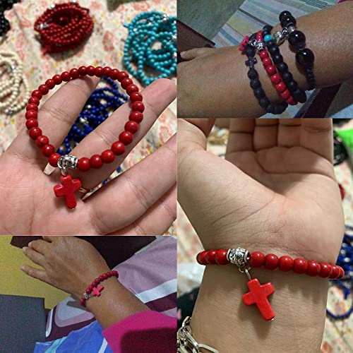 Softones 6mm Bead Cross Pendant Bracelet for Women Healing Stone Stretch Prayer Bracelet for Women,with Gift Box - color: Red Turquoise