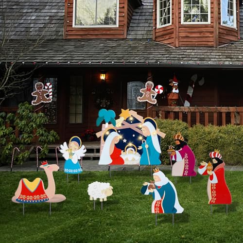 Christmas Yard Sign Decorations Outdoor with LED Lights 7 Pcs Christmas Nativity Scene Yard Signs with Metal Stakes for Xmas Holiday Party Lawn Sign Garden Decor Outdoor Yard Signs - style: Nativity Scene