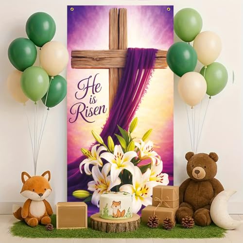 He is Risen Easter Cross Banner, 30x75 Inch Large Outdoor Decor with Purple Cloth White Lilies, Christian Resurrection Banner for Church Front Door Home Easter Celebration - color: multicolored#mf2602037