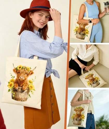 Women's Canvas Tote Bags with Inner Pockets & Metal Snap, Reusable Tote Bag for Girl's Vacation Travel Gym Shopping - color: Highland Cow