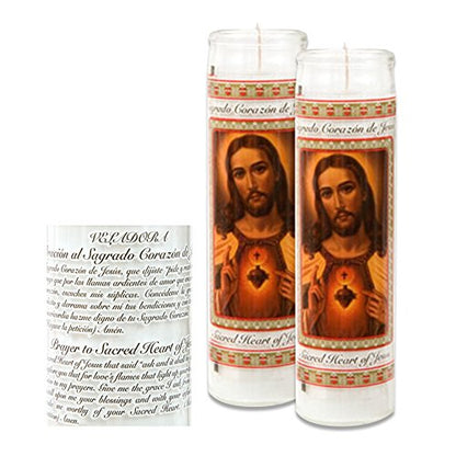 Catholic Prayer Candles - Set Of 2 Religious Candles - Real Wax (White, Unscented) - Prayer Printed On Each Candle - Church Vigil Devotional [BUNDLE, 2 Pcs.] (Jesus & The Sacred Heart)
