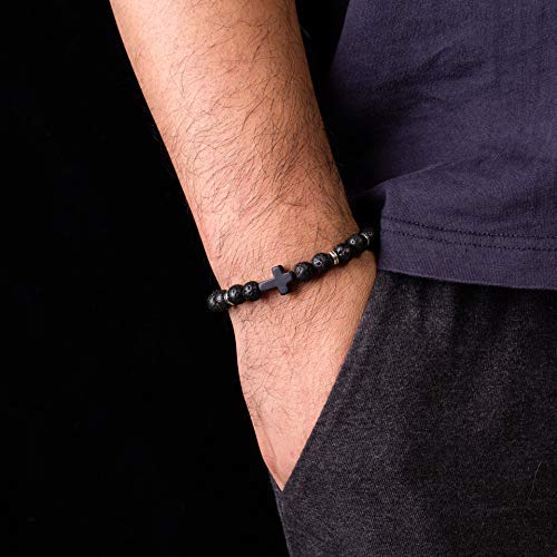 Softones 4PCS Cross Beads Bracelet for Men Women 8mm Healing Lava Stone Stretch Bracelets,7.5" - color: A:4Pcs a set