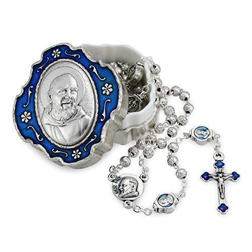 Catholic Rosary Beads with Metal Keepsake Gift Box Set - color: Padre Pio Blue