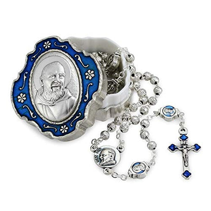 Catholic Rosary Beads with Metal Keepsake Gift Box Set - color: Padre Pio Blue