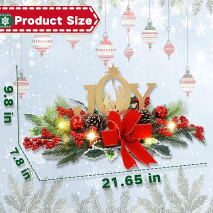 Eksen LED Lighted Christmas Centerpiece for Table or Mantel, Metal Joy Sign with Pine Greenery and Red Bow, Indoor Christmas Table Decorations for Holiday Home Decor