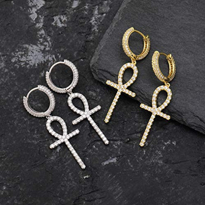 TOPGRILLZ Cross Hoop Dangle Earrings 925 Sterling Silver 5A+ Cubic Zirconia 14K Gold Hypoallergenic Cross Hoop Cuff Huggie Drop Earrings For Men Women - color: Ankh Silver