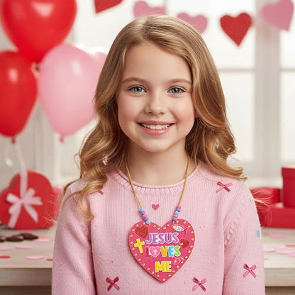 BeYumi Valentines Necklace Craft Kit - 24Pcs Valentine's Day Christian Heart Felt Jesus Loves Me Necklace Making Kits With Gem Stickers DIY Religious Craft for Kids Sunday School Classroom Party Favor - style: Jesus Loves Me