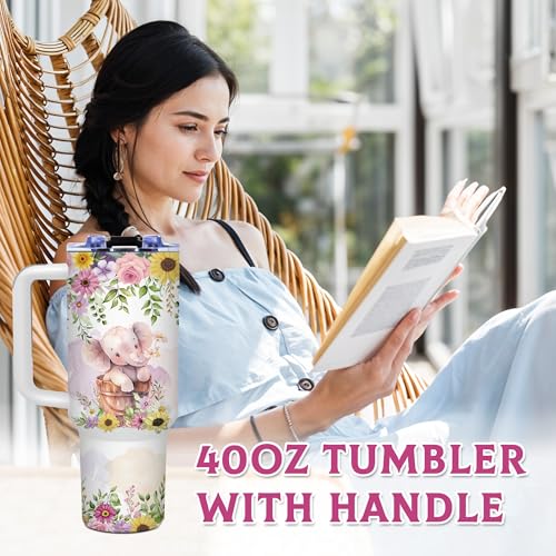 Elephant 40oz Tumbler with Handle & Straw, Gift for Women & Girls - color: Elephant-White