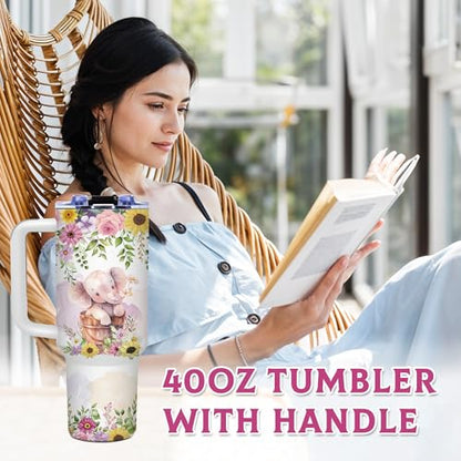 Elephant 40oz Tumbler with Handle & Straw, Gift for Women & Girls - color: Elephant-White