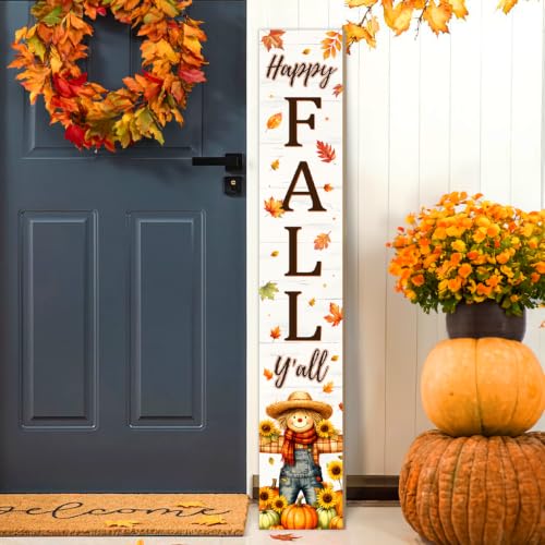 Fall Welcome Sign for Front Door, 47'' Brown Wooden Porch Sign Large Warm Greeting Door Sign Farmhouse Vertical Porch Sign Rustic Standing Welcome Yard Signs for Patio Outdoor Indoor Garden - color: Fall Scarecrow Autumn Harvest