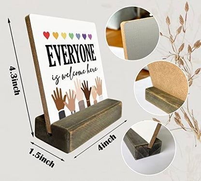 Gkwa Mini Wood Plaque, Everyone is Welcome Here, 4 x 4.3 inches, Wood Sign Plaque Gift, Desk Sign, LGBT Pride, Black Lives Matter, Diversity, Equality, Classroom Sign - color: Everyone 01