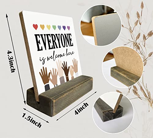 Gkwa Mini Wood Plaque, Everyone is Welcome Here, 4 x 4.3 inches, Wood Sign Plaque Gift, Desk Sign, LGBT Pride, Black Lives Matter, Diversity, Equality, Classroom Sign - color: Everyone 01