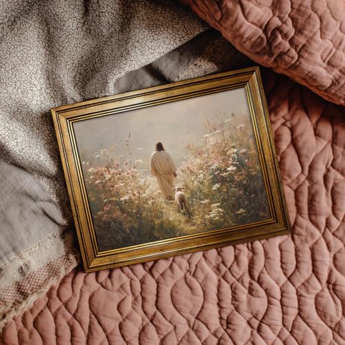 Jesus Leaves the 99 Sheep Wall Art 8x12 Inch Gold Framed Christian Oil Painting Canvas Poster The Lost Sheep Religious Faith Prints for Prayer Room Home Church - color: Beige, size: 12"L x 8"W, style: Gold Framed