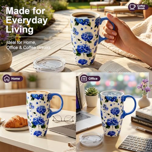 Topadorn 17oz Ceramic Travel Mugs Set of 2 with Lids, Butterfly Floral Set - color: Butterfly & Hydrangea