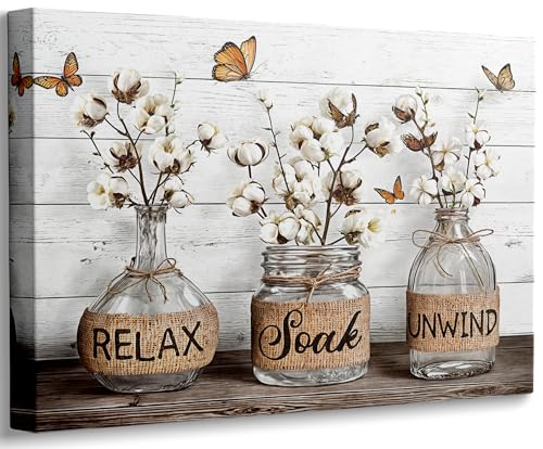 Relax Soak Unwind Canvas Wall Art, Farmhouse Bathroom Painting Picture Wall Decor, Cotton Flower Butterfly Poster Print Artwork for Restroom Home Decoration 12x16in - color: Mason jar, size: 16"L x 12"W