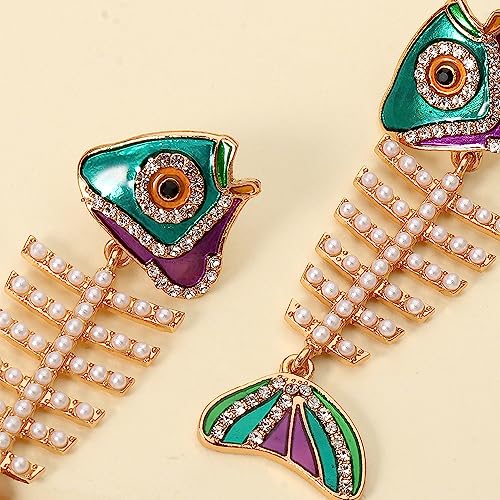 Fish Bone Earrings Drip Oil Animal Earrings Colorful Crystal Sparkly Enamel Earrings Creative Long Fishbone Earstud Dangle Fish Drop Earrings Jewelry for Women - color: Pearl