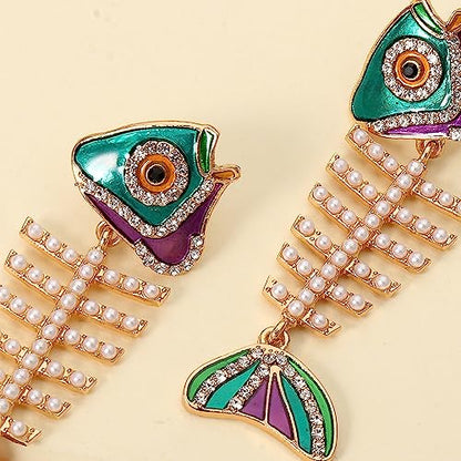 Fish Bone Earrings Drip Oil Animal Earrings Colorful Crystal Sparkly Enamel Earrings Creative Long Fishbone Earstud Dangle Fish Drop Earrings Jewelry for Women - color: Pearl