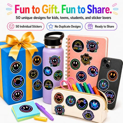 Neon Smiley Face Stickers for Kids, 50 Pcs, 2.12 Inch Waterproof - color: Neon Smiley