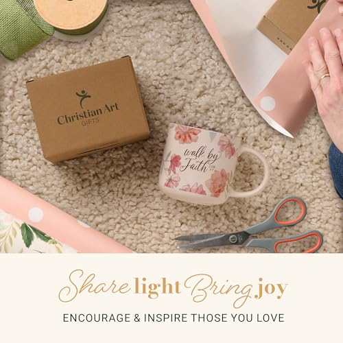 Christian Art Gifts Inspirational Scripture Ceramic Coffee & Tea Mug for Women: Walk by Faith Encouraging Bible Verse, Shiny Foil Accents, Sturdy Handle, White & Pink Multicolor Floral, 14 oz.