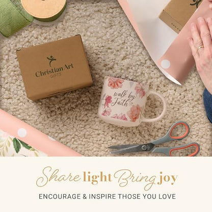 Christian Art Gifts Inspirational Scripture Ceramic Coffee & Tea Mug for Women: Walk by Faith Encouraging Bible Verse, Shiny Foil Accents, Sturdy Handle, White & Pink Multicolor Floral, 14 oz.