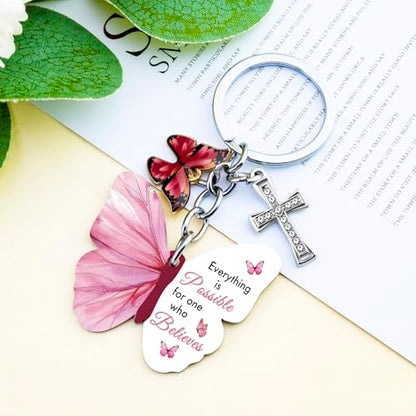 Butterfly Christian Keychain Women Cross Bible Verse Keychain Butterfly Purse Charm Inspirational Religious Gifts - color: Pink