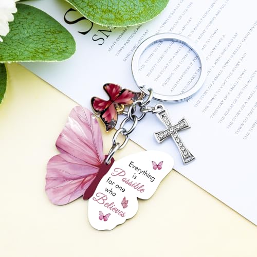 Butterfly Christian Keychain Women Cross Bible Verse Keychain Butterfly Purse Charm Inspirational Religious Gifts - color: Pink