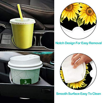 Stone Black Car Coasters - 2 Packs Absorbent Ceramic Cup Holder Coasters with Finger Notch and Easy Clean (Painting Sunflower) - color: Painting Sunflower
