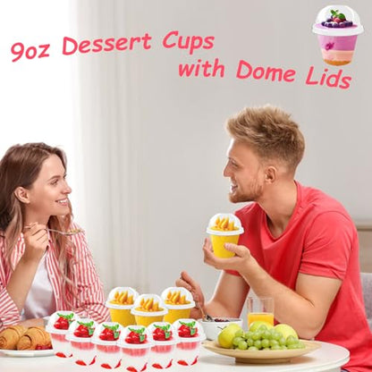 Szsrcywd 100 Pack 9oz Clear Dessert Cups with Dome Lids,Disposable Plastic Parfait Yogurt Cup (NO HOLE) Fruit Containers for Ice Cream,Pudding,Salad,Cold Drink,Cake,Jello - style: 100pack cups with dome lids