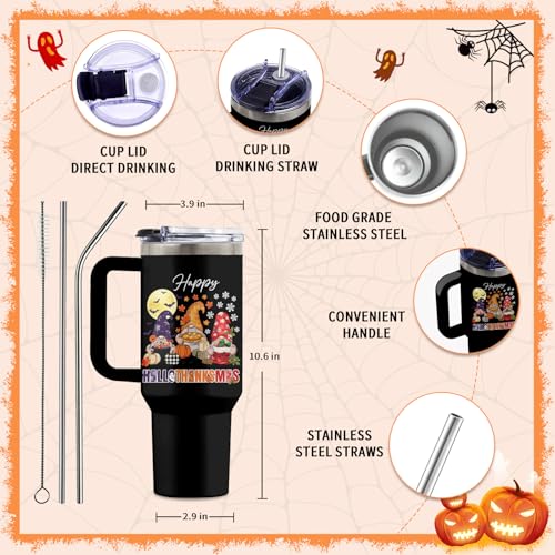 Gnome 40oz Tumbler, with Handle Straw, Insulated Sport Coffee Cup - color: HalloThanksMas