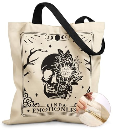 Miss Adola Canvas Tote Bag for Women with Zipper, Skull Flower - color: Skull Flower