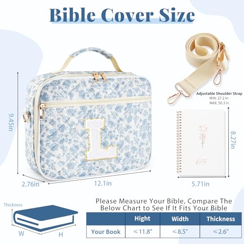 Personalized Initial Bible Cover Case for Women Bible Bag w/Study Supplies - color: Blue Flower, size: L