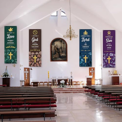 4Pcs Church Banners with Scripture for Sanctuary Wall Worship Classical Christian Banner Inspirational Religious Praise Hanging Sign Marble Backdrop for Christmas Xmas Church Sunday School Decoration