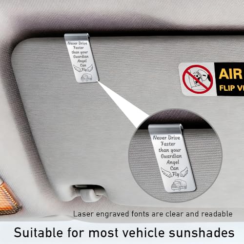 Never Drive Faster Than Your Guardian Angel Can Fly Engraved Stainless Steel Car Visor Clip, Inspirational Guardian Angel Safe Driving Reminder Clip Gifts for Family Friend, Drive Safe Gifts - color: silver027